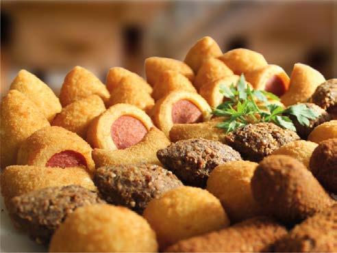 SALGADINHOS BOLINHA DE QUEIJO RISOLES (Camarão e frango) ENROLADINHO (Presunto e queijo) JOELHO/ITALIANO (Frango com requeijão, presunto com queijo) BOLINHO DE BACALHAU KIBE COXINHA DE GALINHA