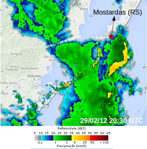 Figura 8: Igual a Figura 1, mas para a rajada intensa registrada pela estação meteorológica do INMET de Mostardas (RS), as 21 UTC do dia 29 de fevereiro de 2012.