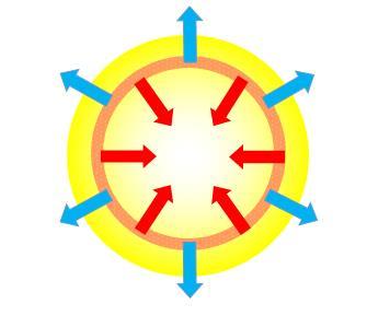 103 Figura 1.3 - Representação do equilíbrio hidrostático em uma estrela: em azul a pressão interna e em vermelho a força gravitacional. Fonte: http://slideplayer.com.br/slide/369744/#.