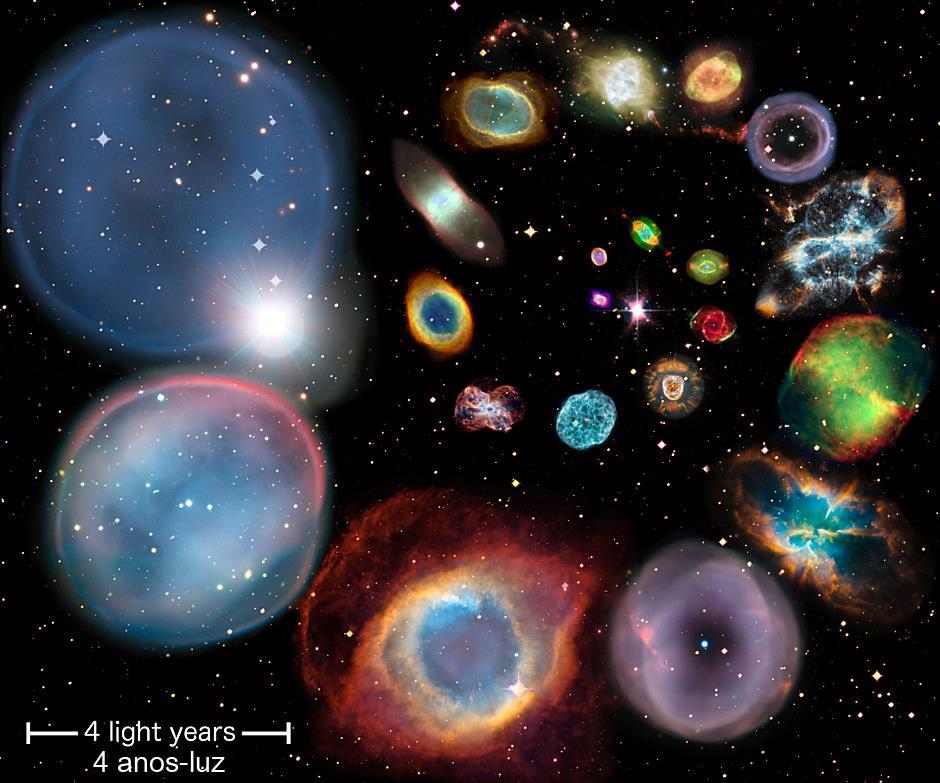 165 Devido à expansão resultante da energia cinética inicial de ejeção, a densidade da nebulosa diminuirá progressivamente enquanto seu raio aumenta, até que seu brilho superficial se torne tão tênue