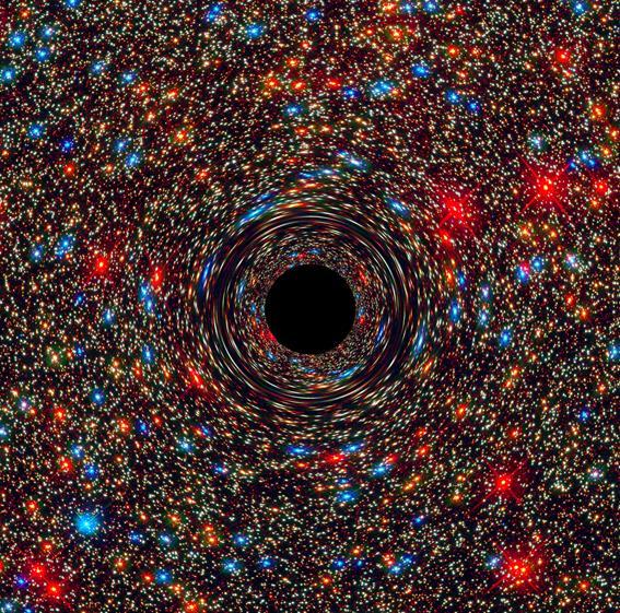 182 Figura 7.4 Essa imagem representa uma simulação computacional, de como seria um buraco negro supermassivo no centro de uma galáxia. Fonte: NASA.