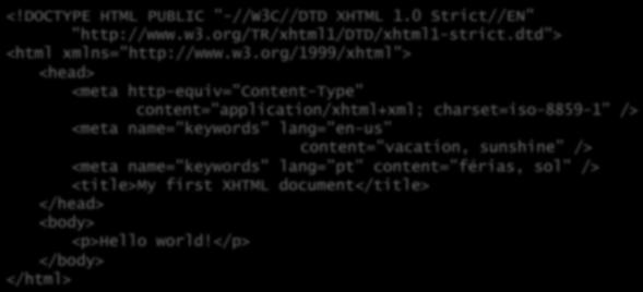 HTML 4.01 vs XHTML XHTML: XML com os mesmos elementos e atributos do HTML 4 - respeito pelo aninhamento - fechar todos os elementos elementos vazios também!
