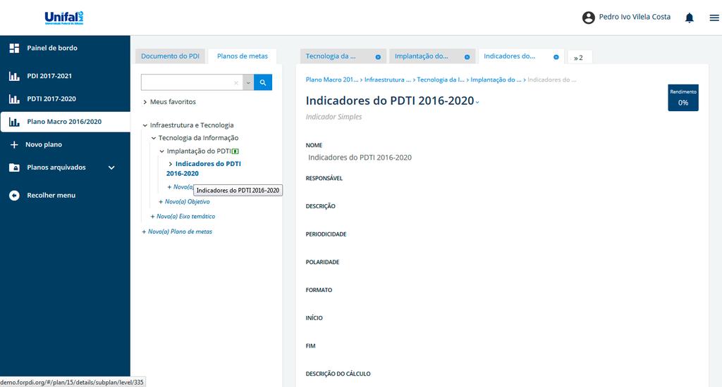 Criar instância do nível na árvore Nível de Permissão: Administrador e Gerente Após acessar o Plano Macro e Plano de metas desejado, o usuário deverá clicar em alguma das opções de criação de níveis