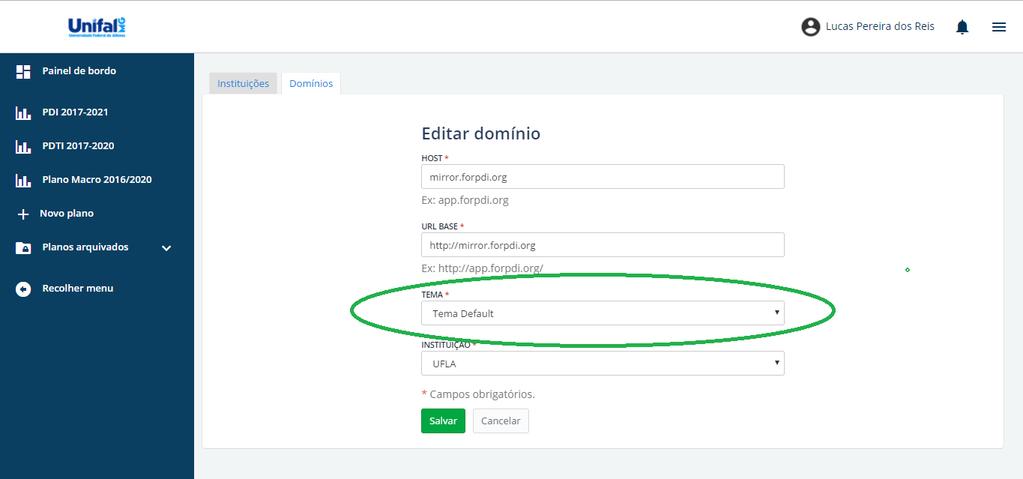 Configuração do tema Nível de Permissão: Administrador do sistema Para configurar o tema, é necessário realizar, primeiramente, os passos descritos em Manter cadastro de domínios.