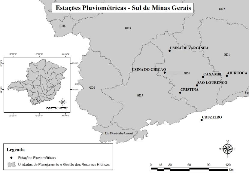 Figura 1 Distribuição das estações pluviométricas trabalhadas na região da Sub-bacia do Rio Verde.