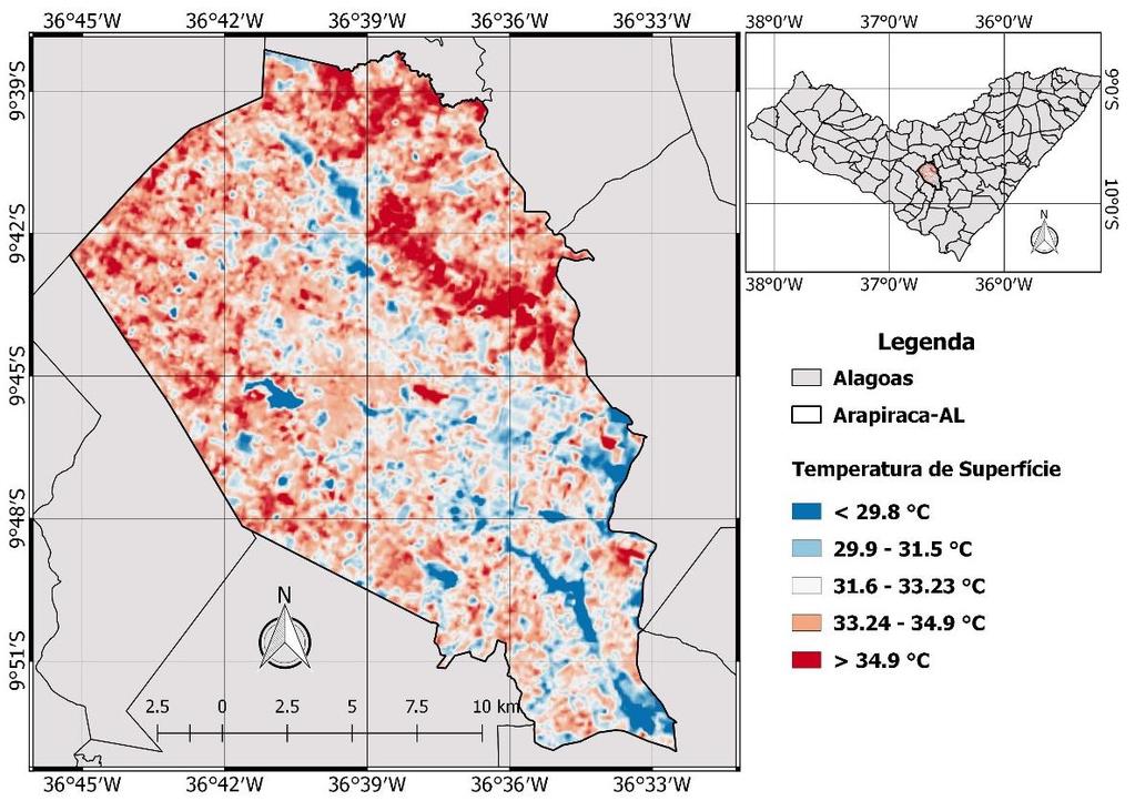 Fig. 4 Mapa de temperatura de superfície de Arapiraca (dez/2017) Com relação a amplitude térmica ao longo do período de análise, os maiores valores registrados foram nos pontos 1 e 2,