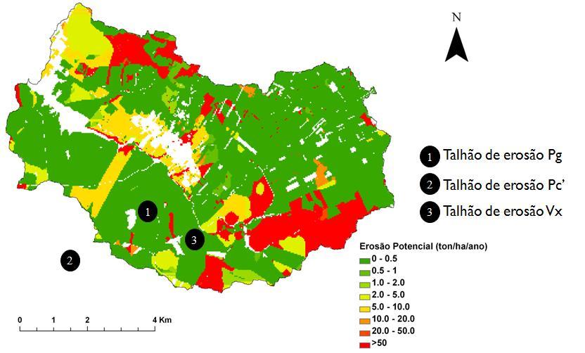 Figura 1.12. Carta do risco potencial de erosão do solo determinada com o modelo PESERA, para a bacia hidrográfica do Enxoé. Quadro 1.1. Perda de solo potencial na bacia hidrográfica do Enxoé em função das diferentes classes de erosão potencial obtida com o modelo PESERA Classe (t/ha/ano) % Área (ha) Perda solo (t/ha/ano) -.