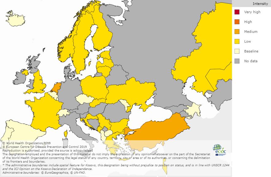 Instituto Nacional de Saúde Doutor Ricardo Jorge, I.P. Situação internacional: Europa Figura 15 Intensidade da atividade gripal na Europa, semana 52/218.