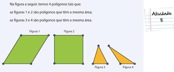 5ª aula: Seção 4 Área das principais figuras planas Áreas de figuras hachuradas Na quinta aula vai ser utilizada a atividade Áreas de figuras hachuradas, cujos materiais necessários são: a folha de