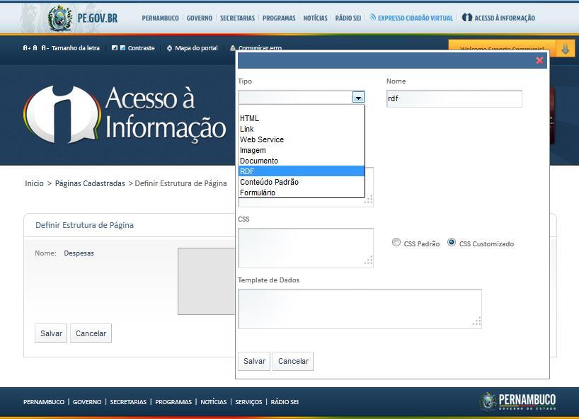 instituição. Esta etapa tratou então, de adicionar um novo tipo RDF ao conjunto de tipos de dados do portal, tornando-o elegível pelo administrador para uma área de página. A figura 3.