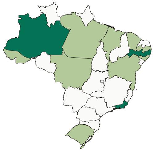 Figura 6 Coeficiente de incidência de tuberculose por unidade federada, em 2015 Os estados do Amazonas e do Rio de Janeiro foram os que apresentaram maior risco para a tuberculose (67,2/100 mil