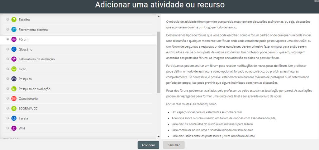 FÓRUM COM GRUPOS SEPARADOS 1-Na parte superior da página vá em Ativar Edição 2- Vá ao tópico desejado Adicionar uma atividade ou recurso Fórum / Adicionar 3-Geral Coloque um nome no Fórum: Pode ser o