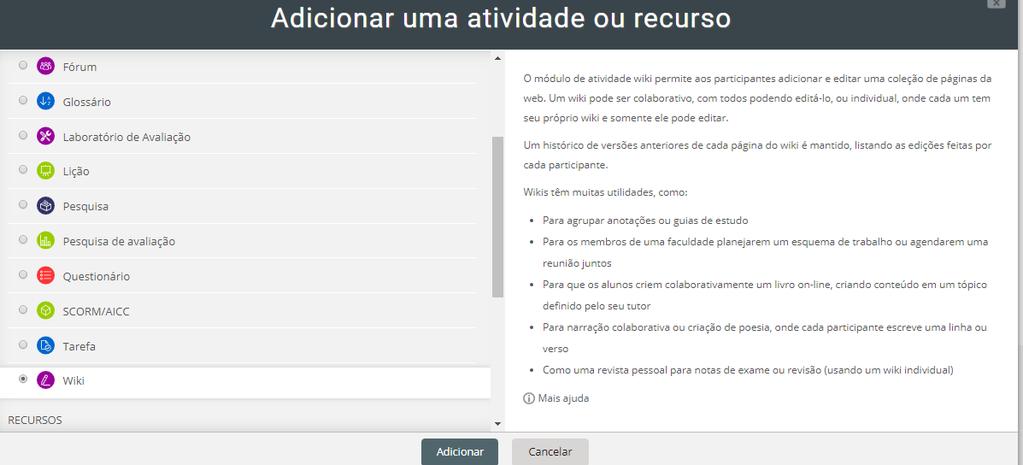 WIKI 1-Na parte superior da página vá em Ativar Edição 2- Clicar em Adicionar uma atividade: Wiki 3- Dê um nome a Wiki Descrição da wiki: Inserir as orientações sobre o tema e como realização a