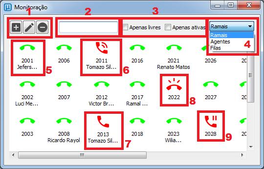 5.1. Monitoração de ramais A monitoração de ramais permite visualização dos ramais por uma telefonista ou por algum usuário com privilégio de Operador. Descrição dos itens: 1.