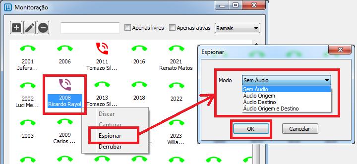 5.3. Escuta de chamada É possível que o Operador/Supervisor escute uma chamada tem tempo real. A chamada de interceptação é feita exclusivamente para o ramal que o EasyPhony está controlando.