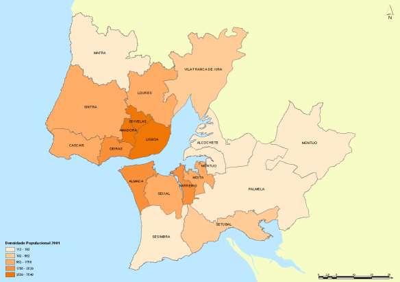 Figura 1 Densidade Populacional na AML, por concelho, em 2001 Fonte: INE, XIV Recenseamento Geral da População, 2001 O gráfico 1 caracteriza sumariamente a evolução da população na AML, entre 1981 e