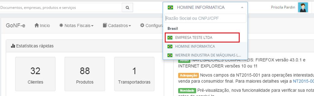 6.3- Notas Fiscais Menu de acesso as telas de: emissão de notas, gerenciamento das notas emitidas,