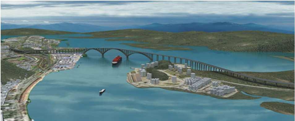 Ligação por ponte Em março, a Ecovias apresentou ao governo o projeto de uma ponte em arcos que possuiria 4,5