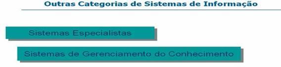 Fonte: O'BRIEN, 2004. a) Sistemas Especialistas São sistemas baseados no conhecimento, fornecendo conselho especializado e funcionando para os usuários como consultores. Exemplo: aprovação de crédito.