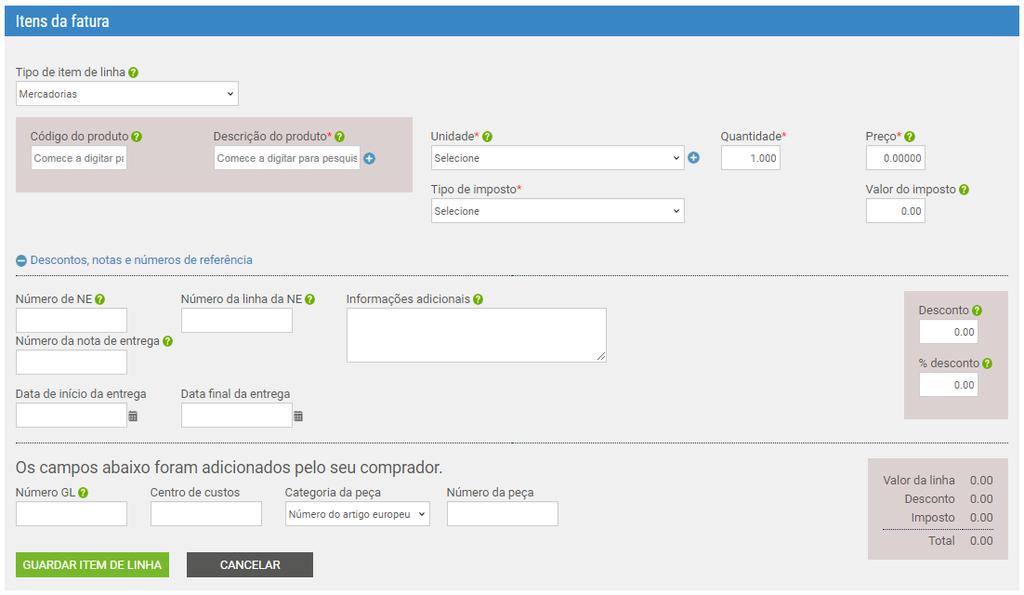 Se incluir impostos na fatura ou nota de crédito, selecione o tipo de imposto a partir do menu pendente.