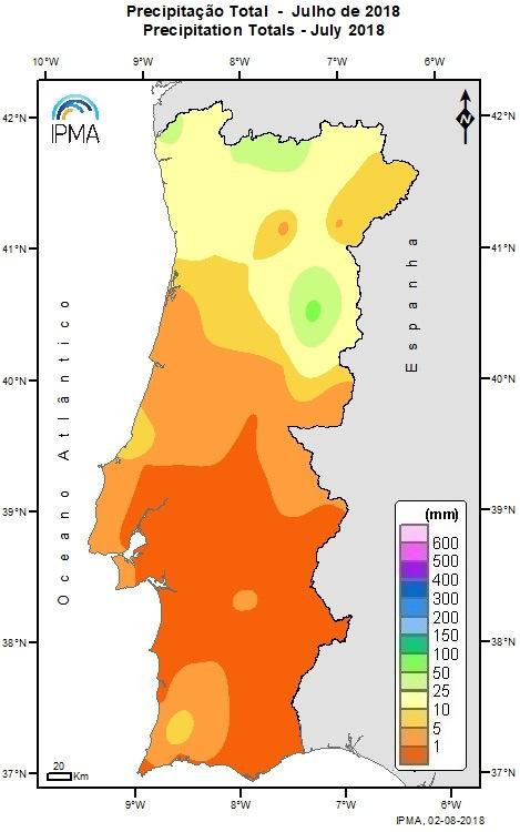 PRECIPITAÇÃO O mês de julho de 2018 em Portugal continental classificou-se como seco. O valor médio da quantidade de precipitação em julho, 7.8 mm, corresponde a cerca de 57 % do valor normal mensal.