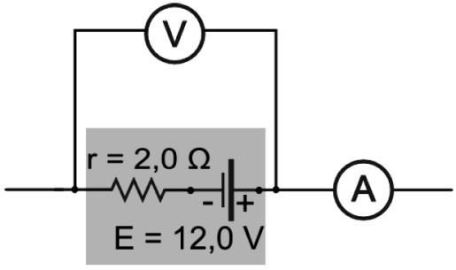 a) b) c) d) e) 07 - (UEG GO/2014) Observe o circuito a seguir. O circuito encontra-se aberto e o voltímetro V e o amperímetro A são ideais. Esse fato garante que a) a potência lançada será de 72,0 W.