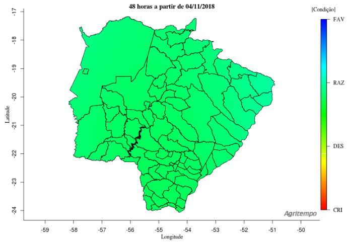 Condições para Manejo do Solo De acordo com o modelo Agritempo (Sistema de Monitoramento Agro Meteorológico), nas regiões representadas pela coloração verde (Figura 01), em um período de 48 horas a