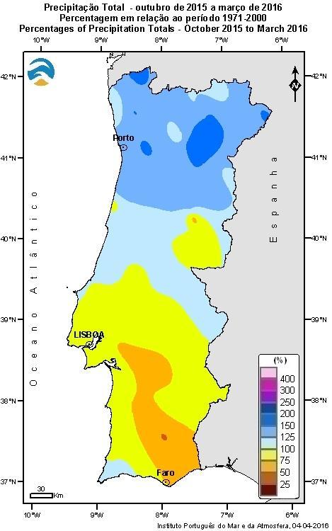 Nas regiões Norte e Centro (exceto região de Castelo Branco) os valores foram superiores ao normal (> 100%), sendo superiores a 150% nalguns locais do Norte (Monção, Braga, Luzim, Mirandela, Miranda