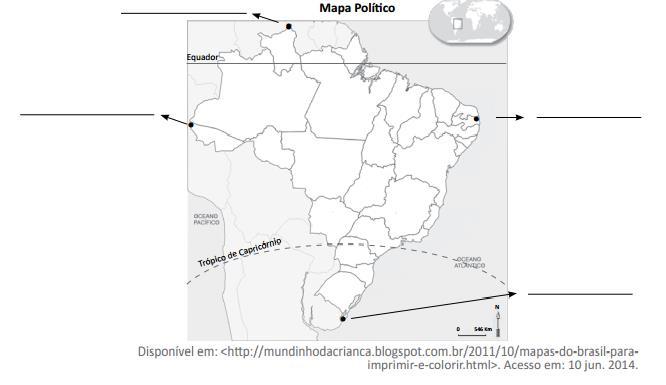 d) APONTE a zona térmica em que a porção sul do Brasil se localiza. QUESTÃO 02 Observe o mapa do Brasil a seguir. No mapa foram destacados os pontos extremos do Brasil. NOMEIE cada um desses pontos.