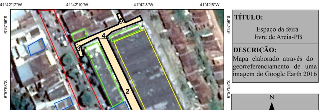 uma setorização, existe a predominância de produtos em determinadas ruas, de acordo com o quadro 1. Figura 2. Organização da Feira de Areia-PB FONTE: BASE DE DADOS DO GOOGLE EARTH, 2016. Quadro1.