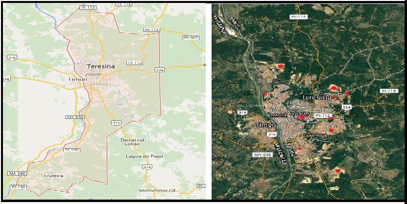 Figura 01 Espaço urbano de Teresina Fonte: Adaptado a partir do Google maps A vila Coronel Carlos Falcão, (localizada no Bairro Novo Horizonte) e a vila Alta da Felicidade (Bairro Gurupi) estão