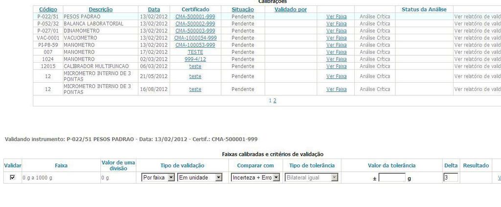 2) Validação de calibrações internas Na validação interna o usuário digita a tolerância na faixa do equipamento calibrada ou por ponto da calibração.