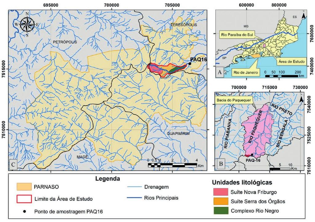 Figura 1 Localização da área de estudo e ponto de amostragem de águas fluviais (PQ16). (A) Localização da bacia do Paquequer em relação ao município do Rio de Janeiro.