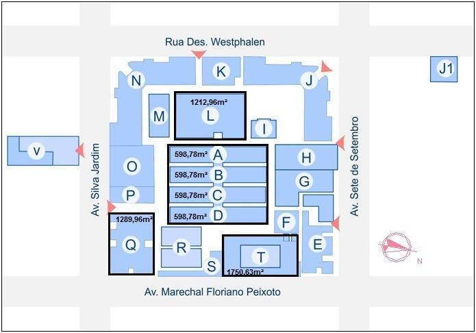 C, D, L, T e Q, conforme indicados na Figura 3, pois estes apresentam suas coberturas com pouca inclinação e sem sombreamento por edificações adjacentes ou vegetações.