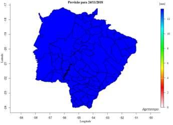 Previsão do tempo para o Mato Grosso do Sul De acordo com o modelo Agritempo (Sistema de Monitoramento Agro Meteorológico), a previsão do tempo indica que no dia 23/11, em todo estado, haverá
