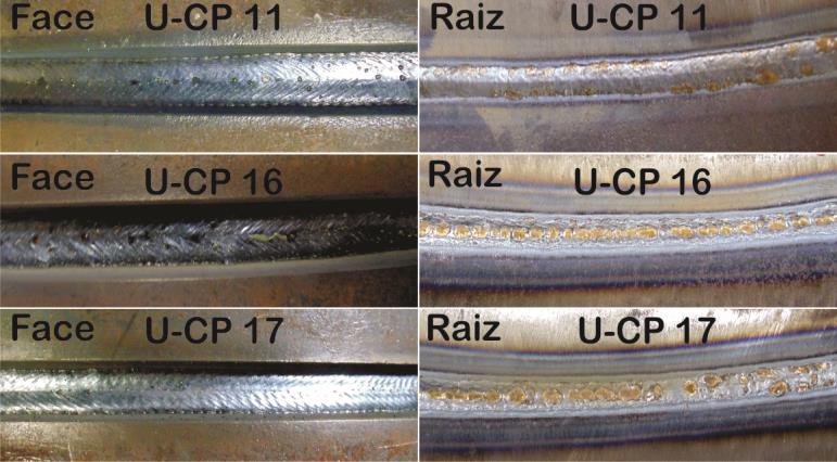118 6.3.2 Tubos de 16 Os tubos de 16 (406,4 mm) e espessura de ½ (12,7 mm) foram soldados com a versão CCC e as variáveis da fonte para cada ensaio estão expostas na Tabela 22.