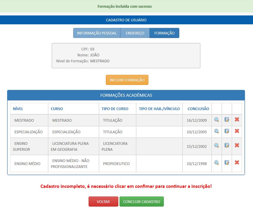 Note que todas as informações foram inseridas.