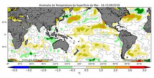 Figura 3 - Mapa de anomalias da TSM no período 1º a 15 de junho de 2018 Fonte: Inmet.