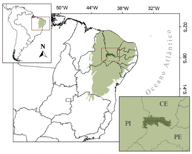 Figura 6: Mapa de localização da Bacia do Araripe (verde escuro), na caatinga brasileira (verde claro). Fonte: NOVAES, 2014. De acordo com Neto et al.