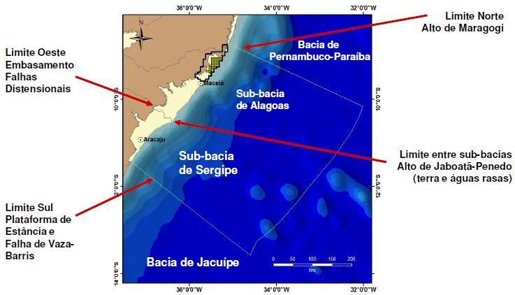 3.2.3 Bacia de Sergipe-Alagoas A Bacia de Sergipe-Alagoas está localizada na margem continental do Nordeste do Brasil, a leste dos estados de Sergipe e Alagoas, com uma área total de aproximadamente