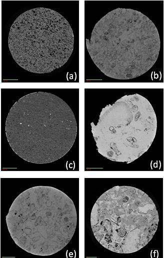 Figura 34: Imagens microtomográficas das Formação Jandaíra (Bacia Potiguar). (a) P1 (Resolução: 1.40 m/ Energia: 30KV); (b) P2 (Resolução: 2.56 m/ Energia: 45KV); (c) P3 (Resolução: 1.