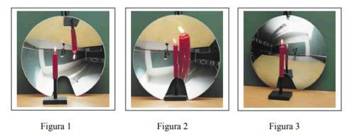 QUESTÃ 02 Valor 2,0 Três construções da imagem de uma vela são feitas com espelhos esféricos. Na figura 1, o espelho é côncavo e a imagem é invertida e reduzida.