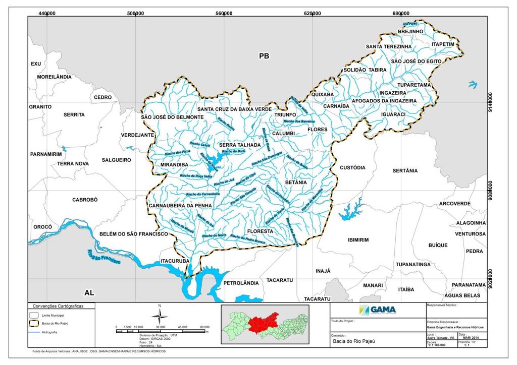Contrato de Gestão nº 014/2010 - Ato Convocatório nº 007/2016 28 3.2. Localização e características da Bacia Hidrográfica do rio Pajeú A área de atuação do projeto localiza-se na parte alta da bacia hidrográfica do rio Pajeú.