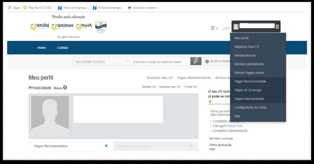 Irá aparecer a página do seu Perfil: Levando o mouse você terá várias opções para ver: Meu Perfil; Atualizar meu CV; Minhas Buscas;