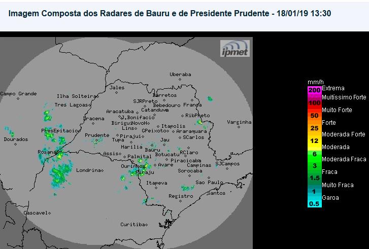 Situação das chuvas Os radares Meteorológicos do IPMet/UNESP, localizados em Bauru e Presidente Prudente, estão detectando chuvas fracas a fortes, algumas com descargas elétricas, no oeste e sudoeste