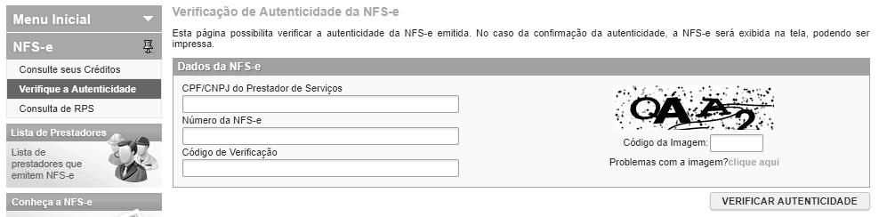 site da prefeitura para verificar a autenticidade de NFS-e. Clique em Verificar Autenticidade.
