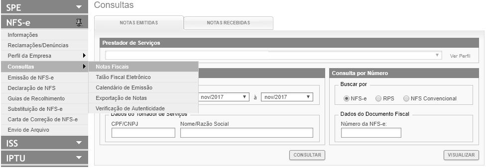 Página 66 de 123 7. Consulta das NFS-e Emitidas e Recebidas Para consultar as NFS-e emitidas ou recebidas, clique no menu Consulta de NFS-e.