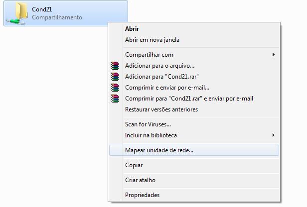 Etapa 2: Mapeamento da pasta do Condomínio21 no servidor e nas estações Após compartilhar a pasta de instalação do Condomínio21 no servidor, será necessário realizar o mapeamento desta mesma pasta na