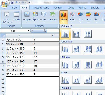 Que tipo de informação podemos obter? Qual a faixa de valores mais frequente? 150 a 170 Qual o percentual de dados entre 70 e 150? 31,25% Qual o percentual de dados entre 130 e 190?