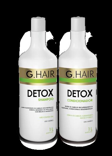 Detox O Shampoo Detox da G. Hair de uso diário não contém sal, hidratando os cabelos fragilizados e danificados pelas agressões do dia a dia.